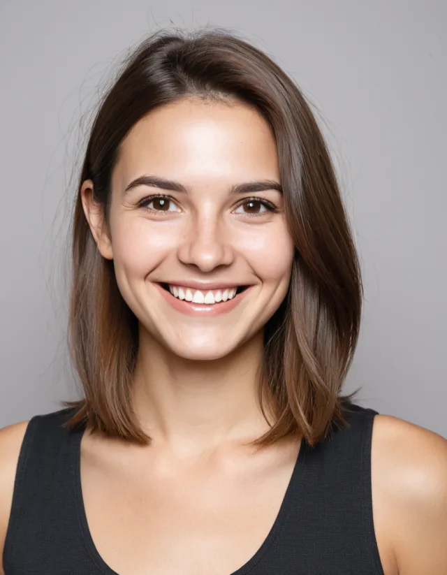 Portraitfoto einer lächelnden Frau vor hellem Hintergrund, wie es die Fotobox aufnimmt