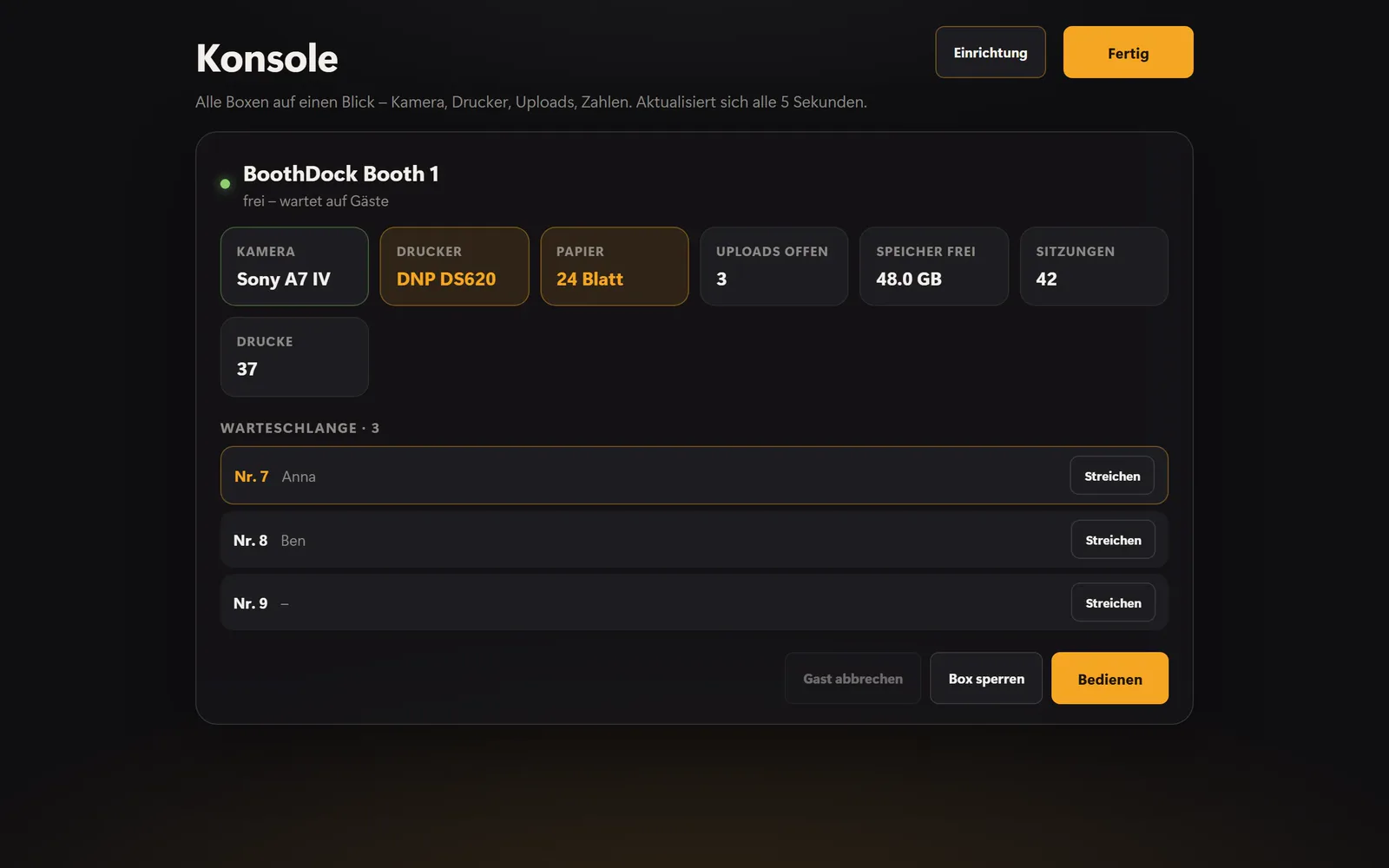 Die Konsole der Station: alle gekoppelten Boxen und die Warteschlange
