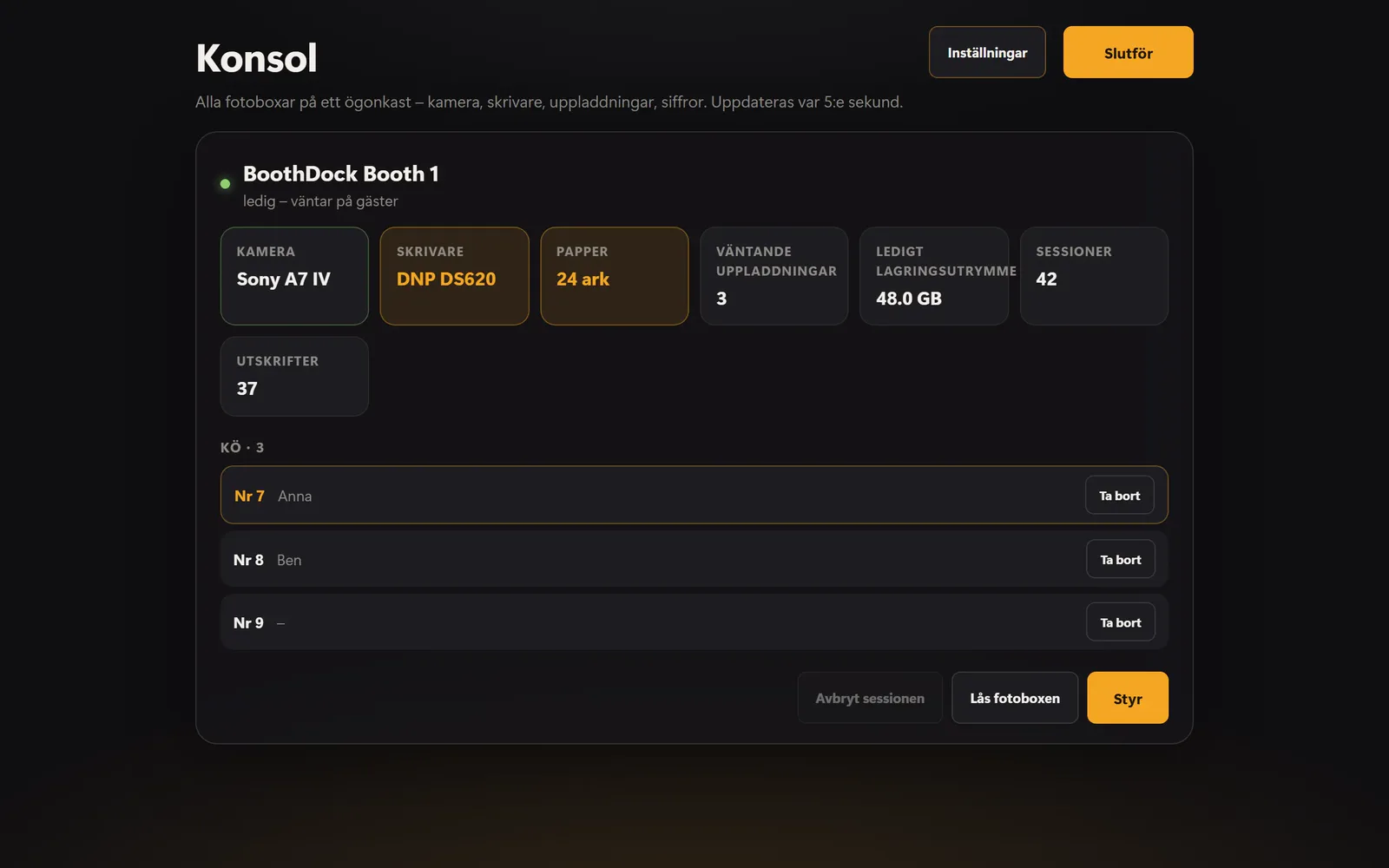 Stationens konsol: alla kopplade boxar och kön